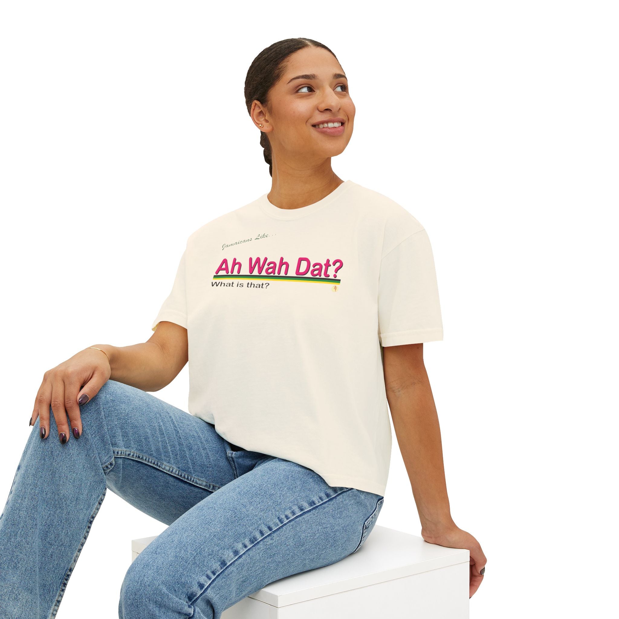 Ah Wah Dat? Fun Women's Boxy Tee - 'Ah Wah Dat?' Jamaican Style Casual Shirt