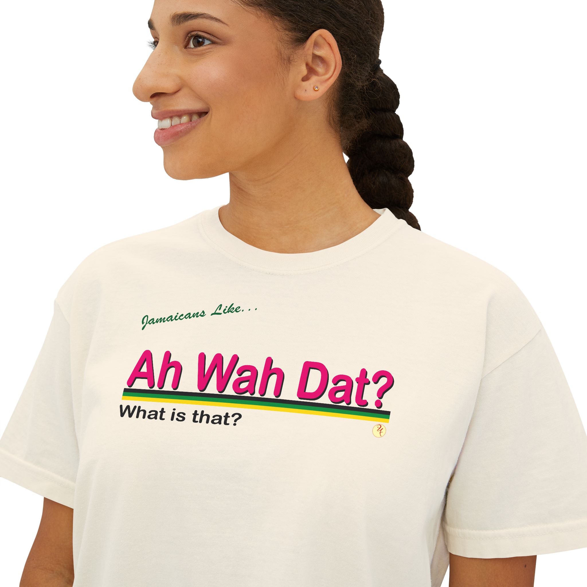 Ah Wah Dat? Fun Women's Boxy Tee - 'Ah Wah Dat?' Jamaican Style Casual Shirt