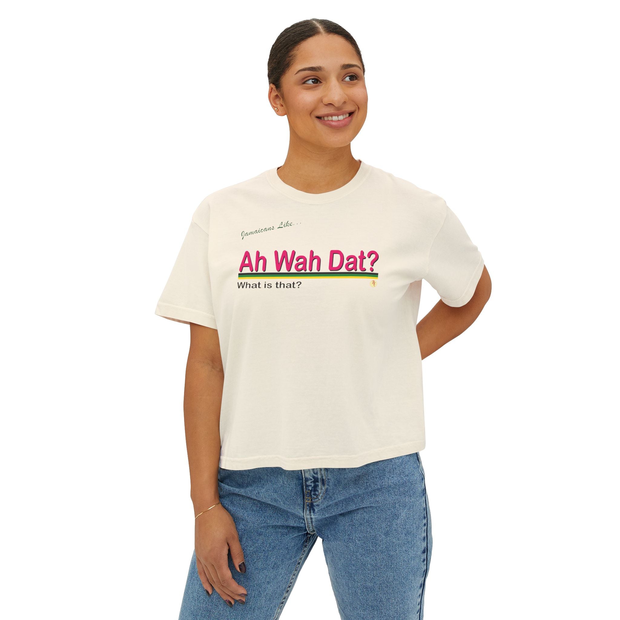Ah Wah Dat? Fun Women's Boxy Tee - 'Ah Wah Dat?' Jamaican Style Casual Shirt